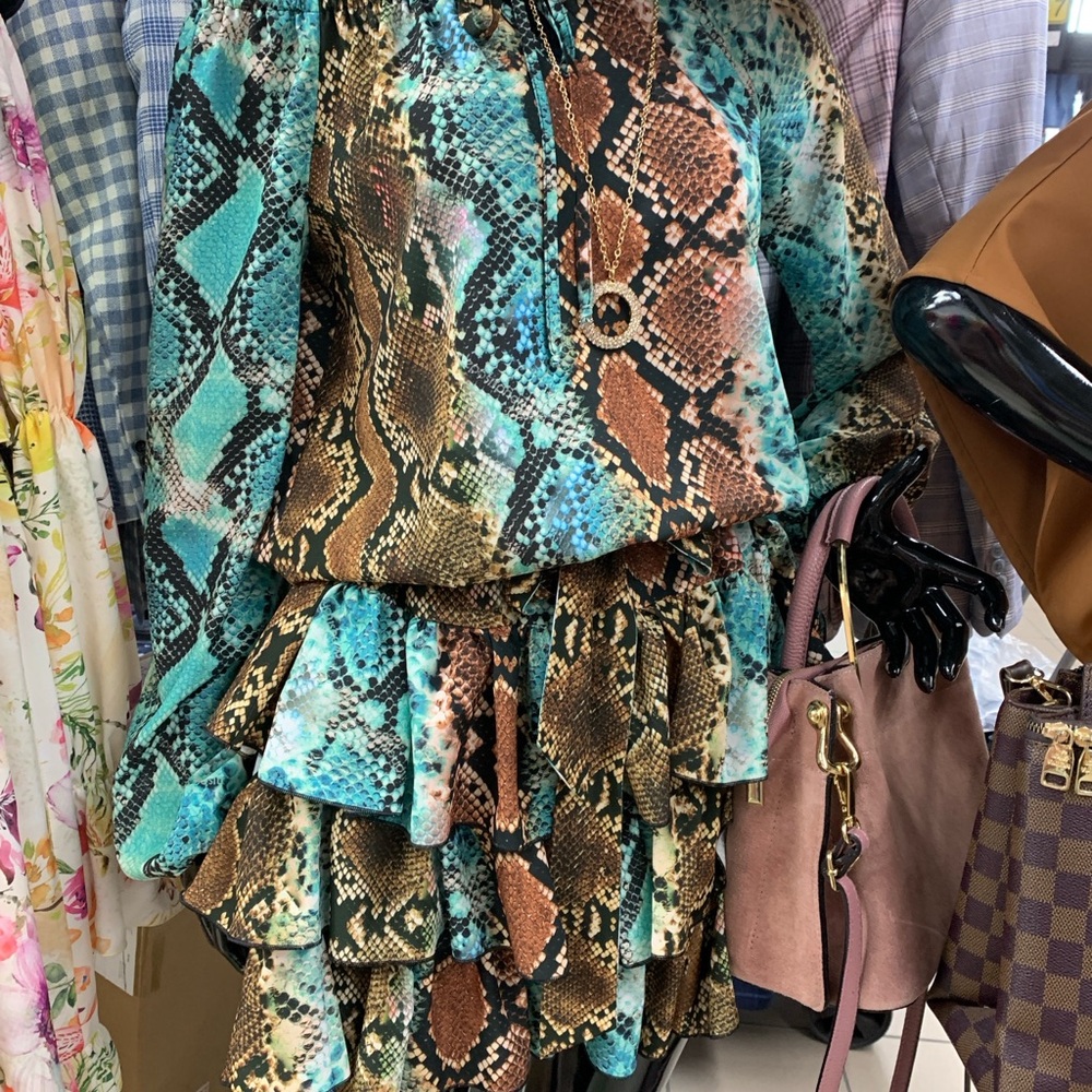 Blue and Brown Snake print Ruffled Off-Shoulder Mini Sundress Small